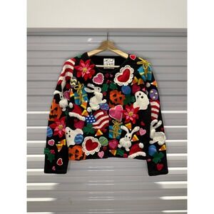 Michael Simon Vintage Holiday All Year Cardigan Sweater Applique Novelty Black